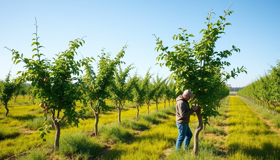 Gardener tending fruit trees in a vibrant orchard.