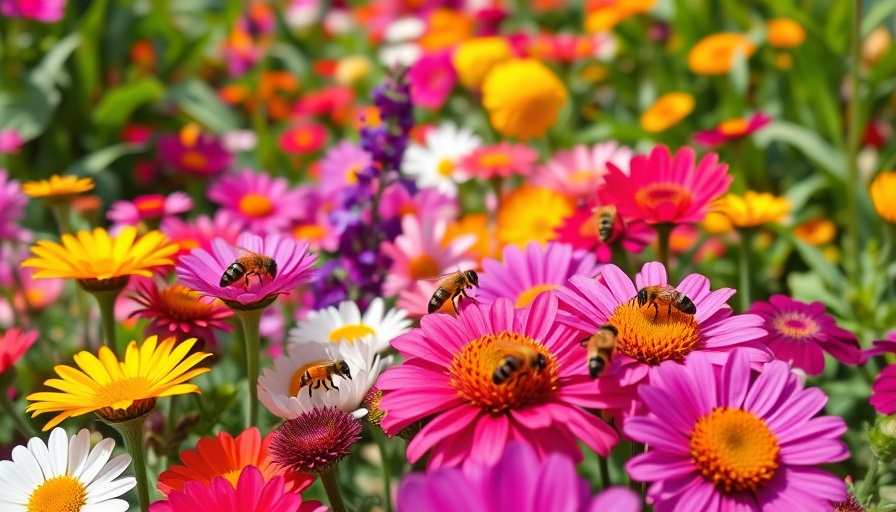 Vibrant garden attracting pollinators like bees with colorful flowers.