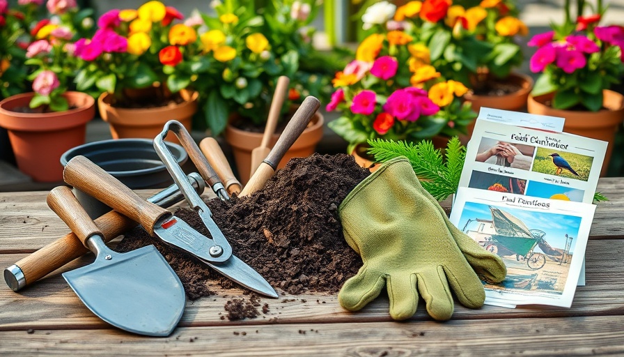 Essential gardening tools for beginners arranged on a wooden surface.