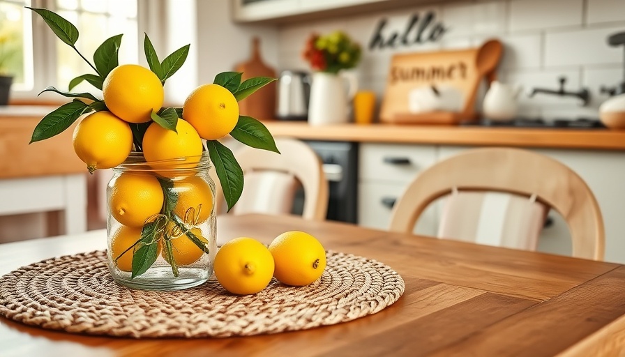 Bright lemon-themed summer decor ideas with mason jar and kitchen jug.