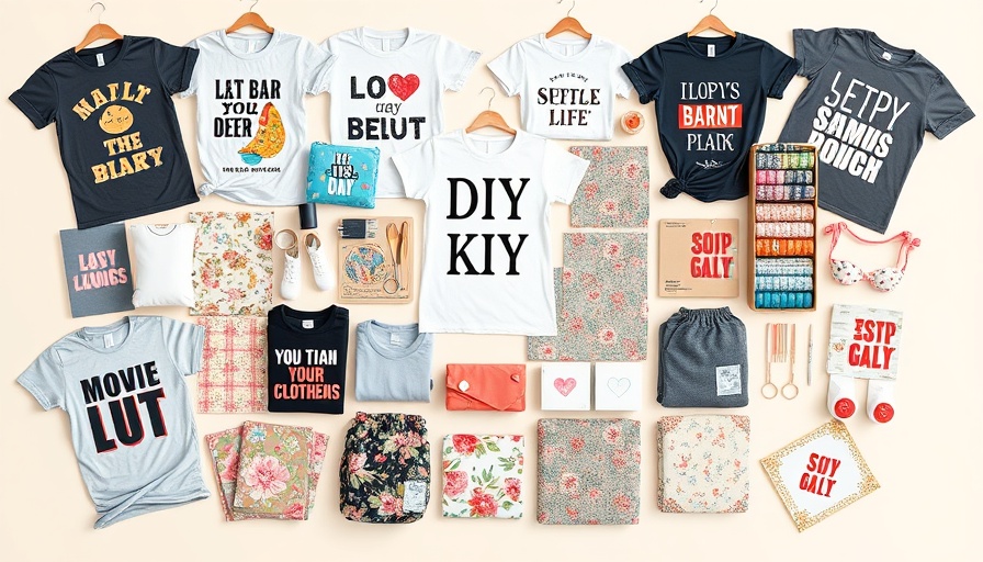DIY clothing kits collage with T-shirt designs and fabric patterns.