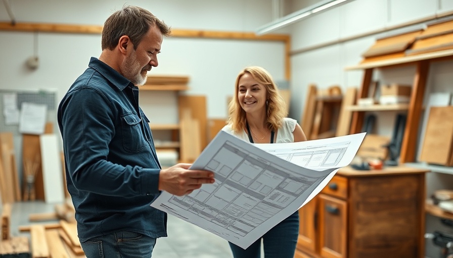 Professionals in workshop discussing custom kitchen cabinet storage features.