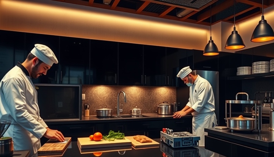 Chefs in a modern kitchen maintaining kitchen cabinets and organizing.