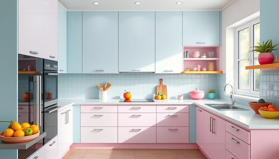Colorful kitchen cabinet design in Calgary with fruits and utensils.