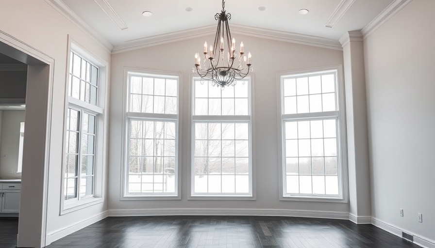 Bright room with DIY custom window mullions featuring a modern chandelier.