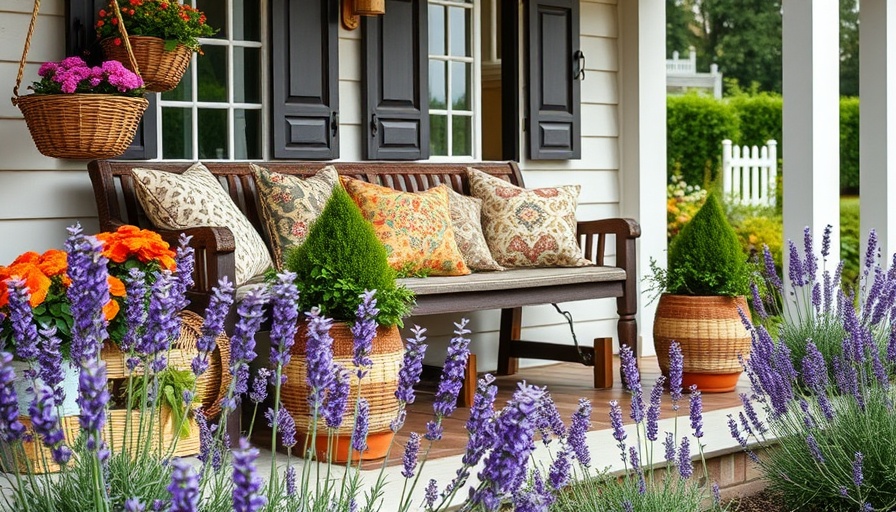 Charming porch with colorful DIY summer project elements, pillows, flowers.