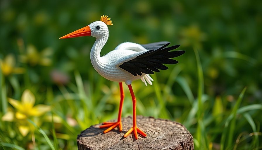 Handcrafted stork decoration on tree stump in garden setting.