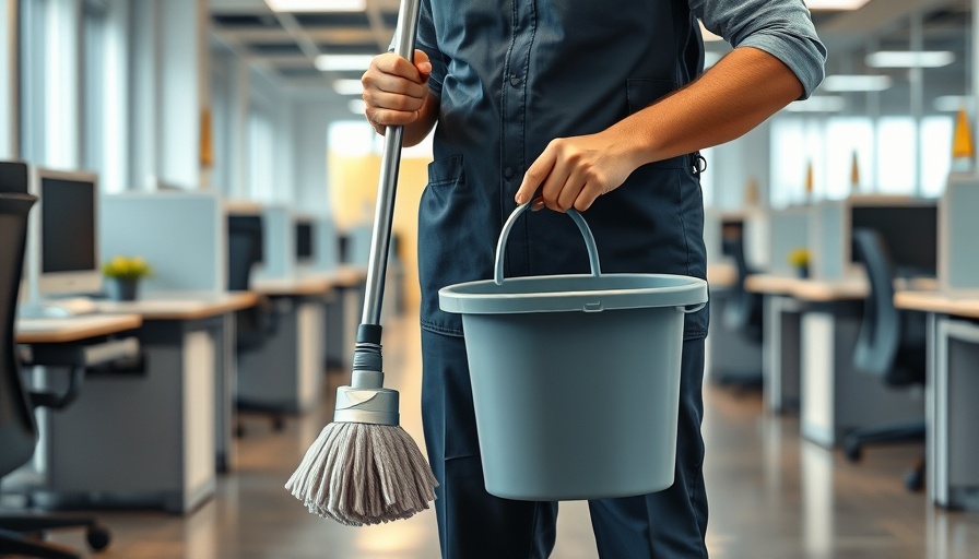 Professional cleaner performing tasks with a mop and bucket in an office.