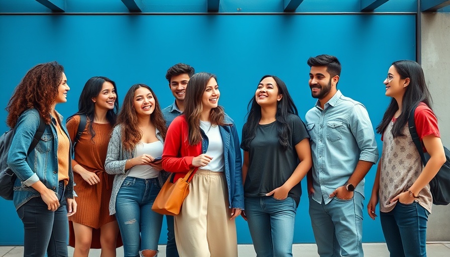 Diverse young adults interacting in front of blue wall, showcasing peer influence.