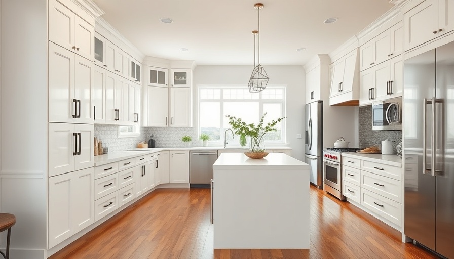Modern kitchen renovation with white cabinets and hardwood floors.