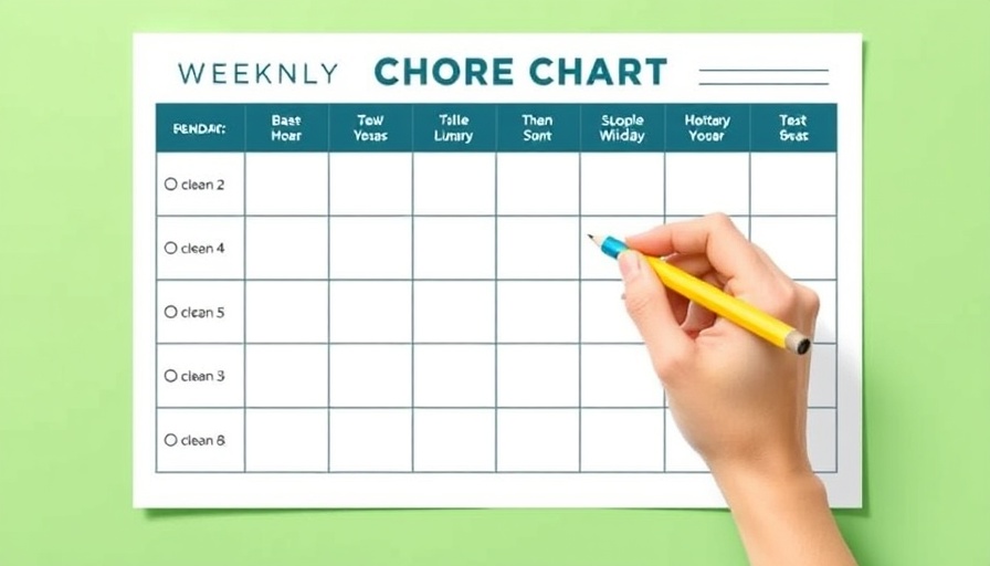 Weekly chore chart for adults with a hand holding a pencil and green background.