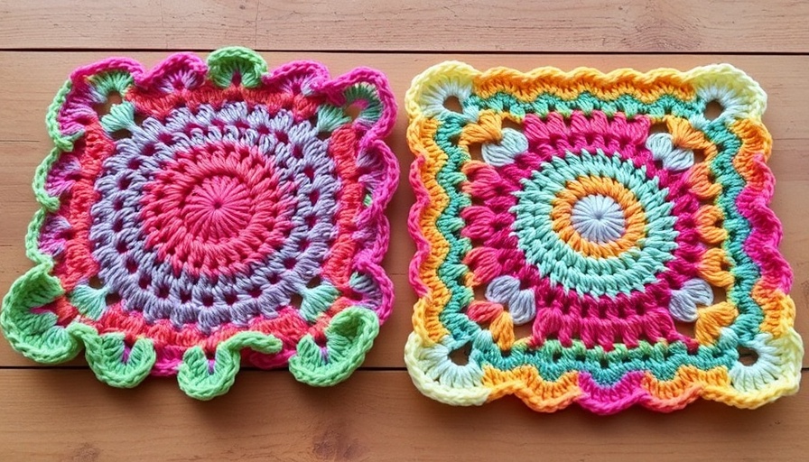 Colorful crochet border patterns on two square samples.