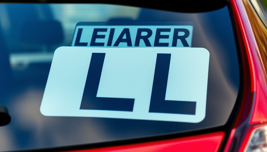 Rear car window with a learner plate for new drivers.
