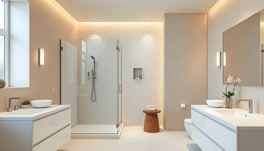 Modern luxurious bathroom featuring white cabinetry and a glass shower.