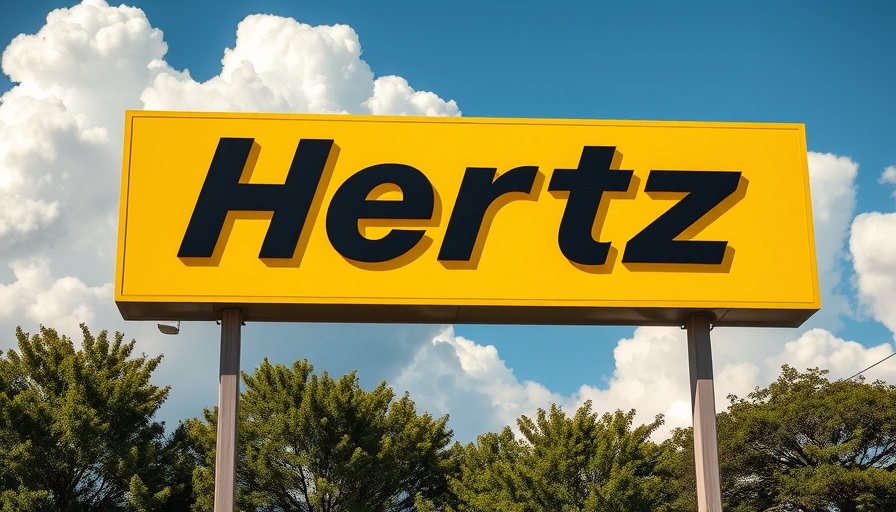 Hertz AI Inspection Scanner: bright yellow Hertz sign against sky.