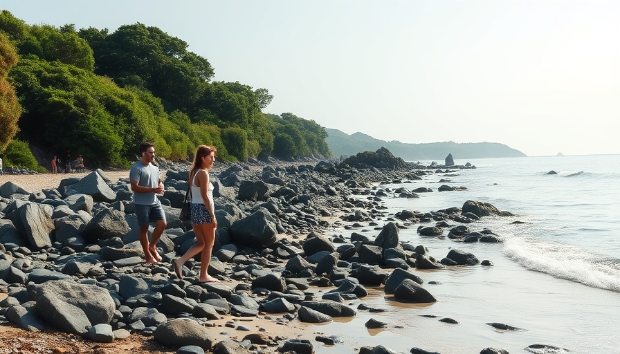 Woman on a summer solo date strolling along a rocky beach.