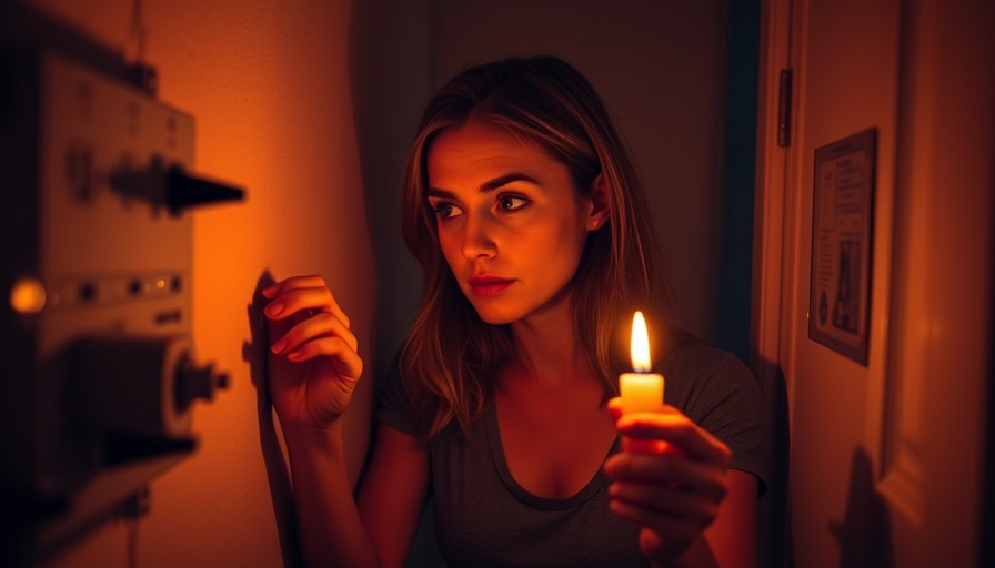 Woman checks circuit breaker during sudden power failure at home.
