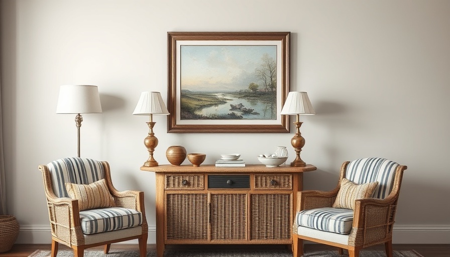 Elegant vintage home decor with wicker table, art, and lamps.