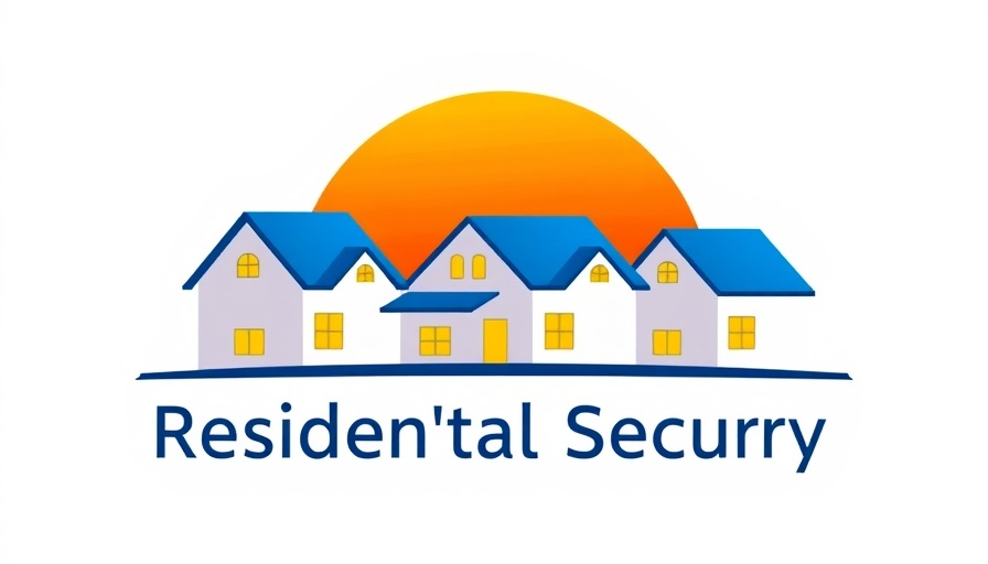 Logo with blue-roofed houses under orange sunset for home insurance cover natural disasters.