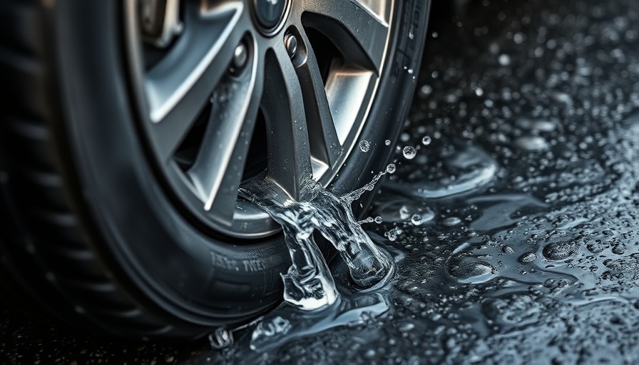 Close-up of car tire preventing hydroplaning on wet road.