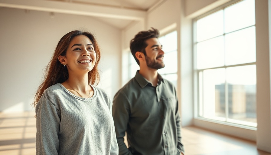 Bright room with young woman smiling, man observing; homebuyer activity.