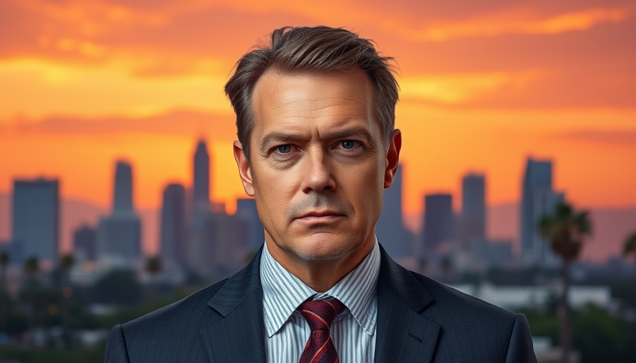 Professional man in front of cityscape, apathy in real estate.