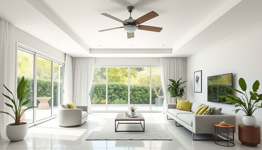 Modern living room with ceiling fan for cooling, home upgrades to keep you cool.
