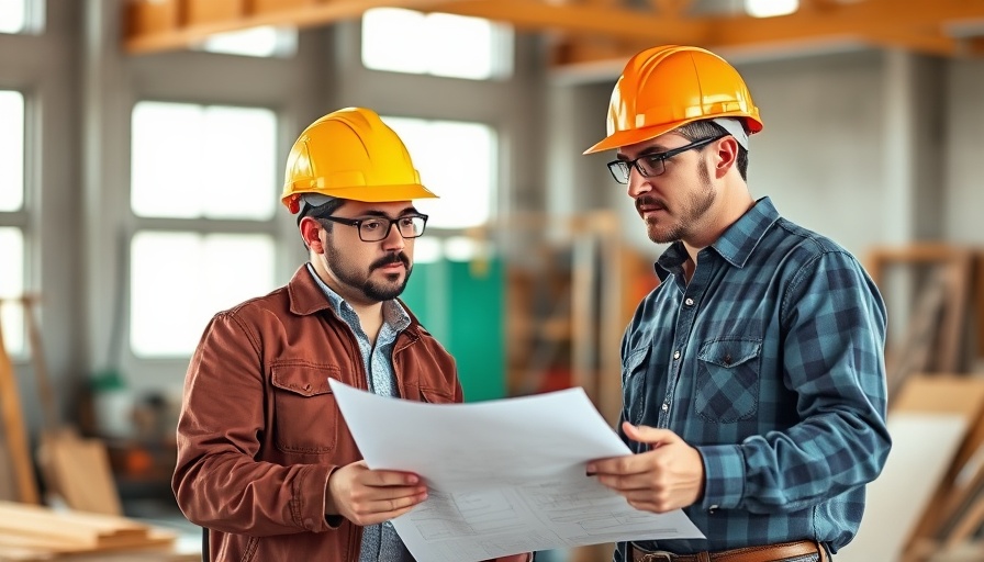 Professional partners for home construction reviewing blueprints indoors.