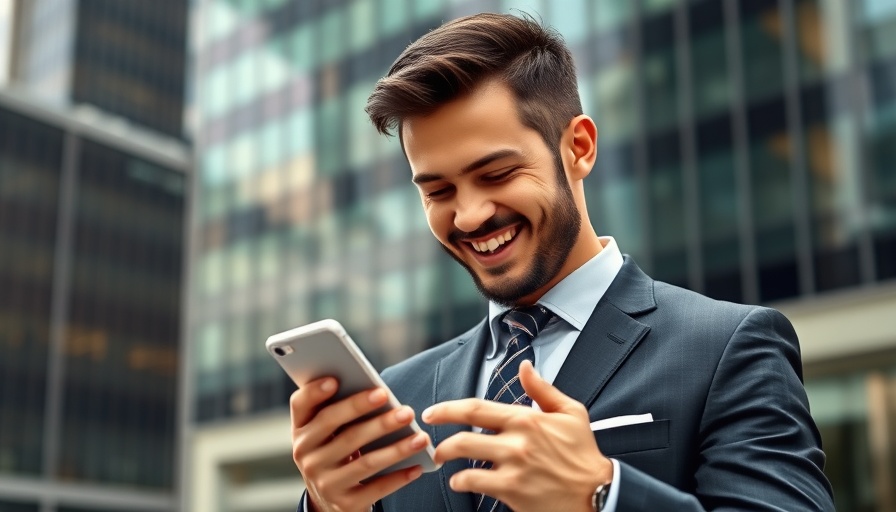 Professional man in suit using smartphone, urban setting.