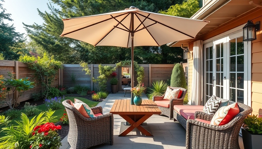 Modern backyard patio under a large umbrella with lush greenery.