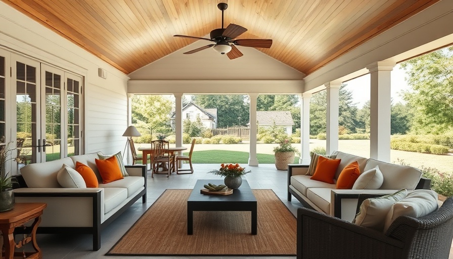 Elegant indoor patio cooling solution with a wood ceiling fan.