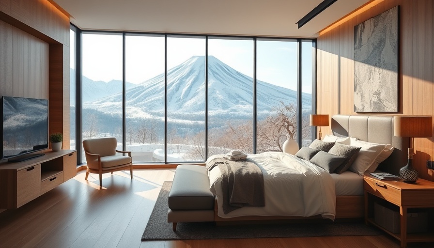 Luxury bedroom in Niseko with a view of Mount Yotei.