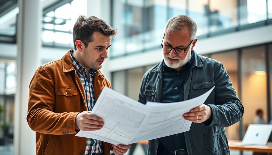 Professional partners reviewing blueprints for dream home construction.