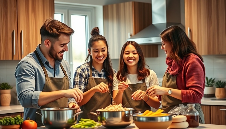 Young Hispanic family cooking in kitchen, showcasing happiness and togetherness.