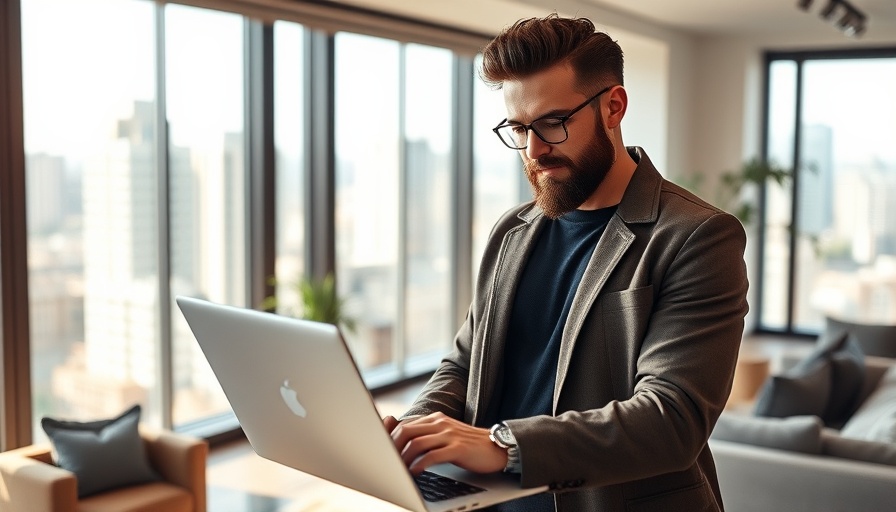 First-time property manager using a laptop in a modern apartment.