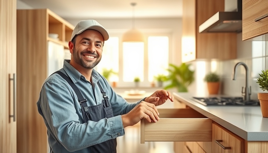 Friendly technician using smart pest control approaches in a bright kitchen.