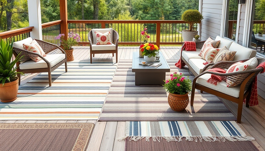 Elegant patio with layered rugs and modern furniture