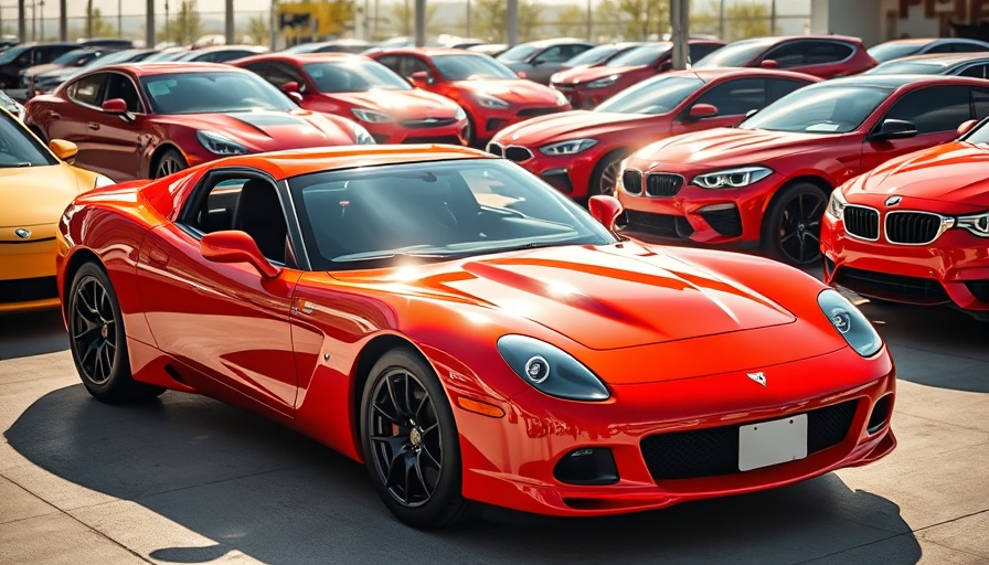 Red sports car in a dealership showcasing sticker system