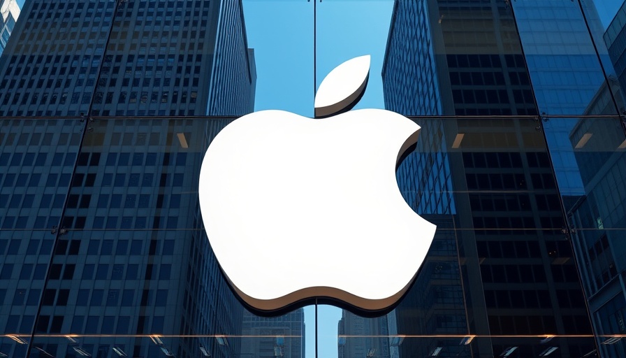 White Apple logo reflecting cityscape symbolizes innovation.