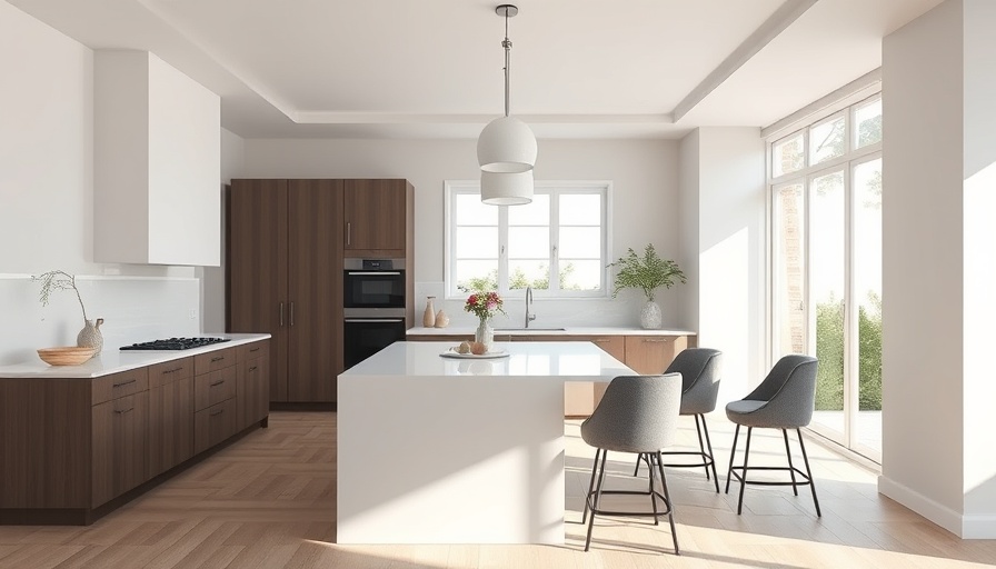 Elegant modern kitchen with white island and pendant lights.
