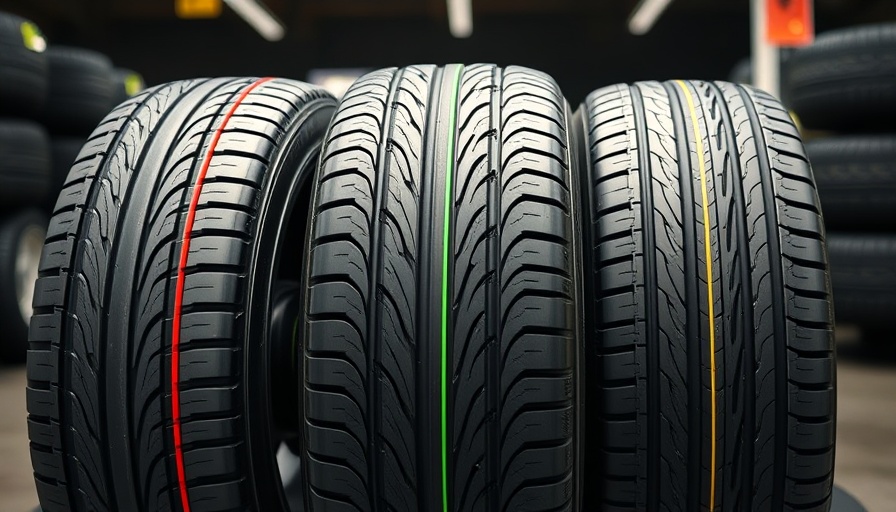 Colored lines on new tires indicating manufacturing details.