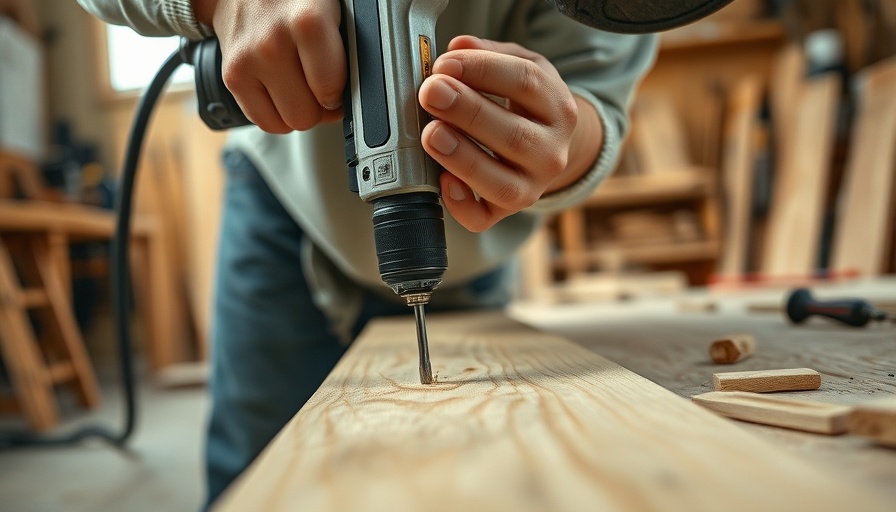 Close-up guide to using a power drill on wood in a workshop.
