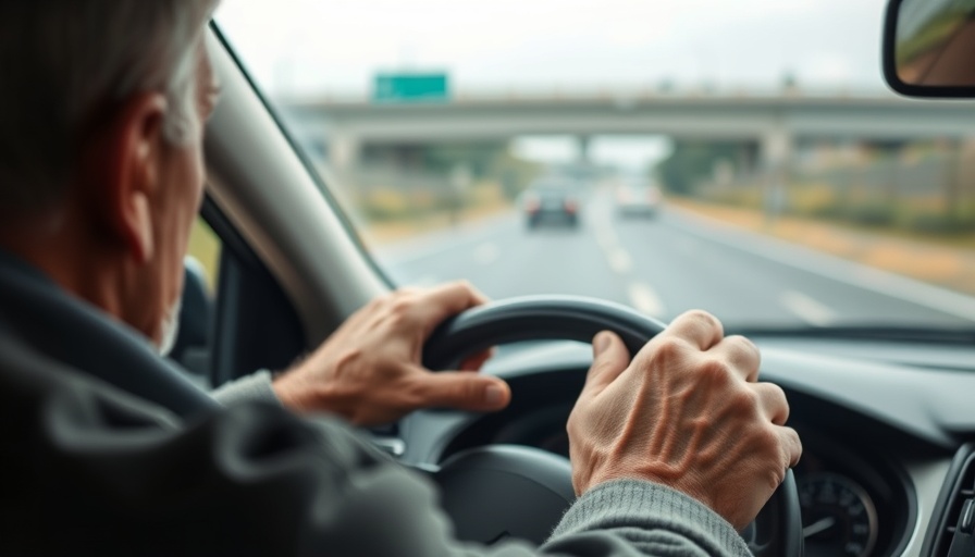 Senior's hands on steering wheel, driving on highway, considering when to stop driving for seniors.