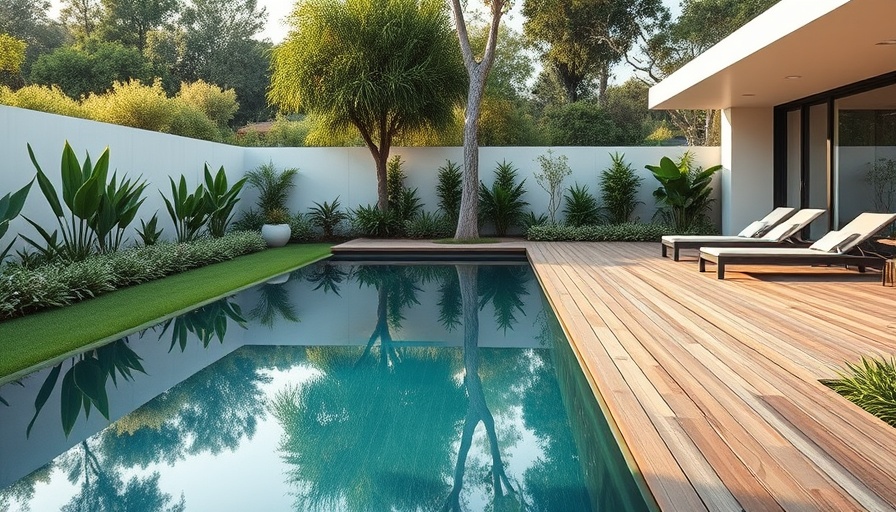 Pro Landscaper decking trends in modern garden design with a pool.