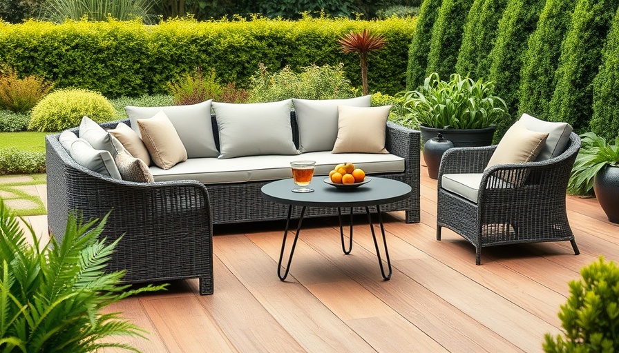 Outdoor patio furniture on earth tone decking with lush garden.
