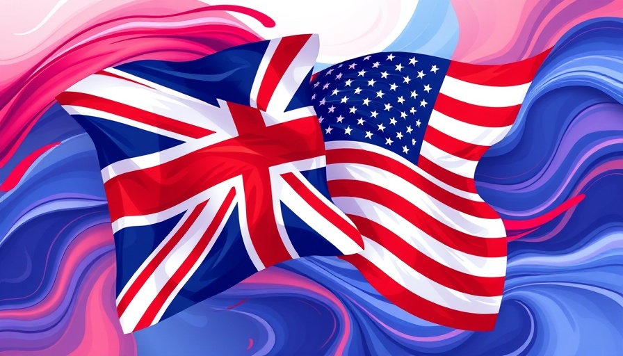 Vibrant abstract UK and US flags in dynamic waves.