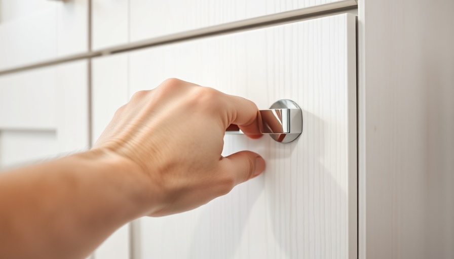 Close-up of chrome kitchen cabinet pull being grasped, selecting perfect knobs and pulls for kitchen cabinets.
