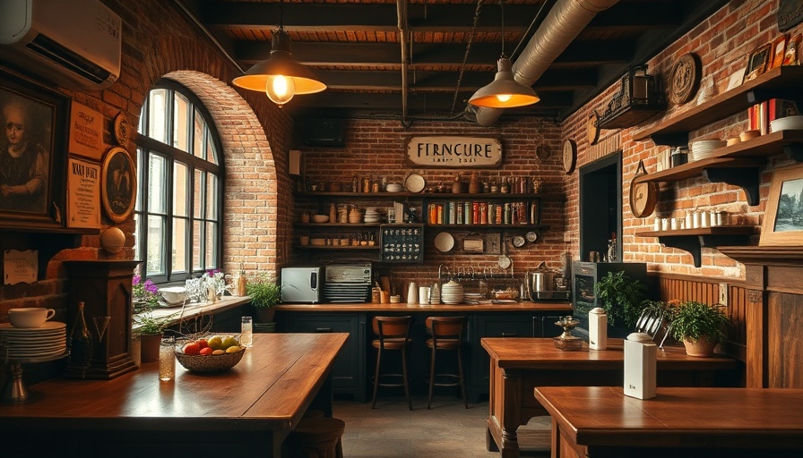 Rustic French bistro kitchen with vintage decor and warm lighting.