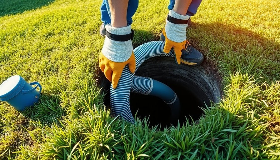 Person pumping septic tank on lawn, illustrating maintenance.