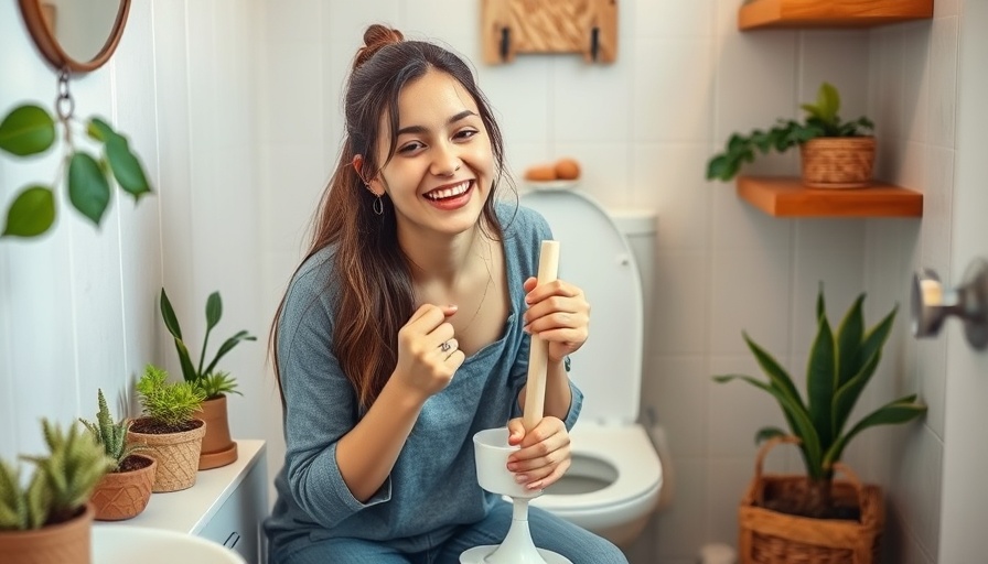 DIY home remedies for toilet clogs - woman with plunger in bathroom.